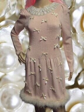 Vintage 1980's Beaded Knit Dress Marabou Bows 6